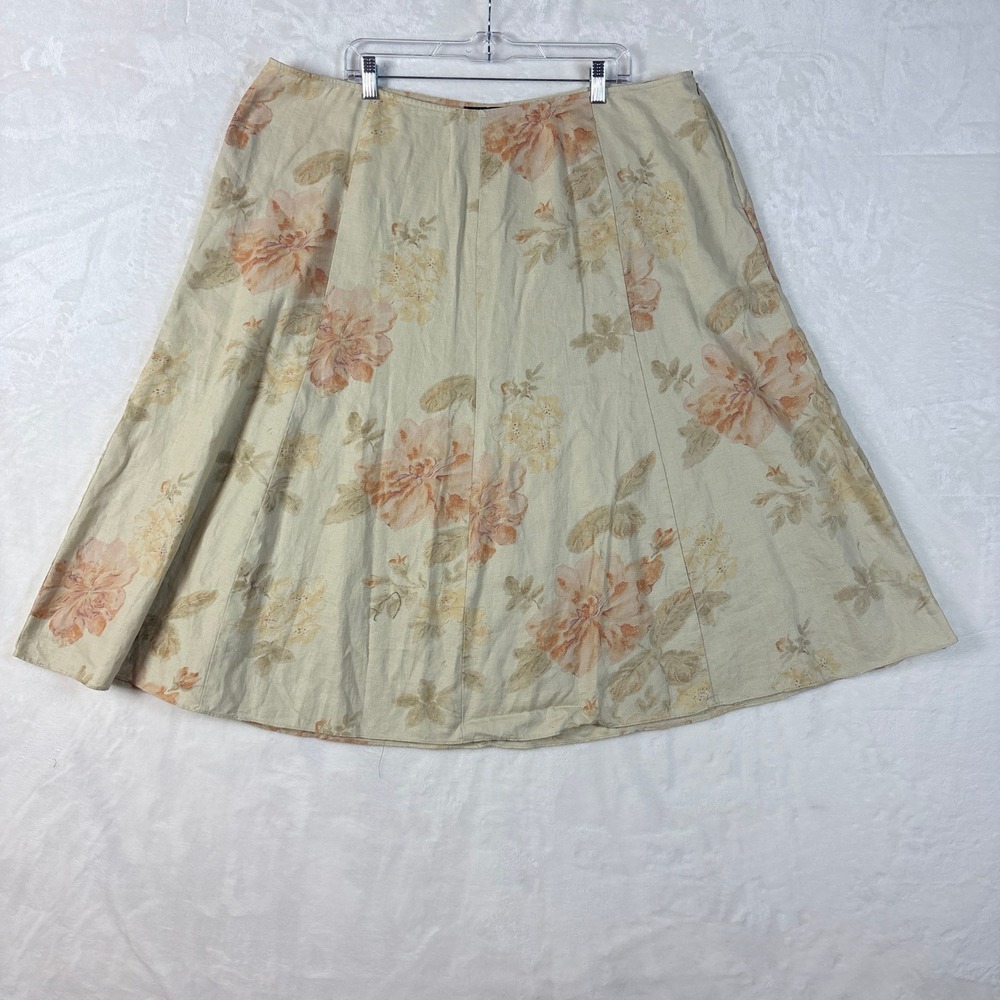 Lauren Ralph Lauren Skirt Women 20W Beige Excellent 100% Linen Floral A-Line